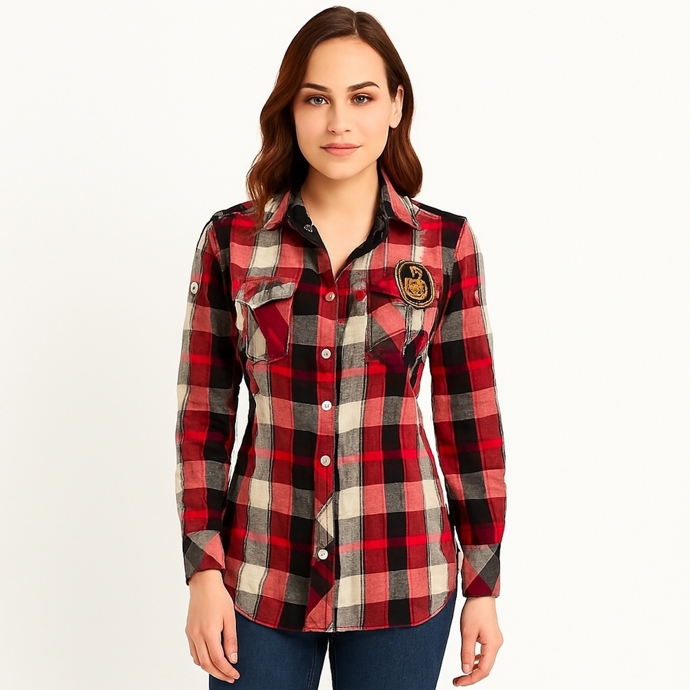 Coogi Designer Preppy Festive Office Casual Button Up Plaid Shirt - Women's